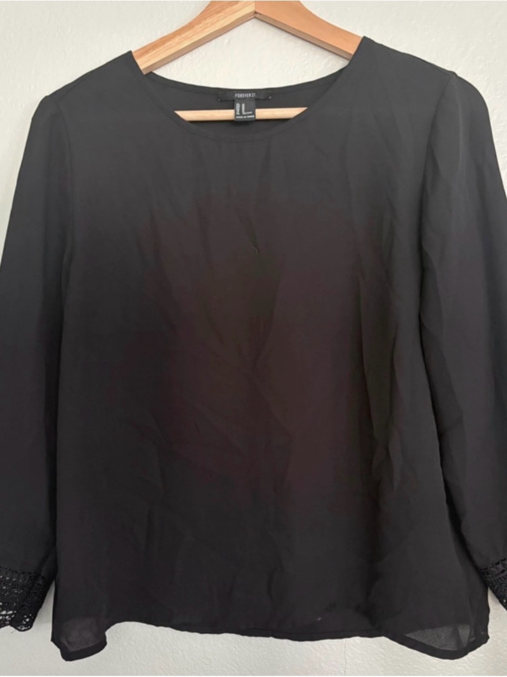 Forever 21 Black Long Sleeve Crochet Cuff Blouse
